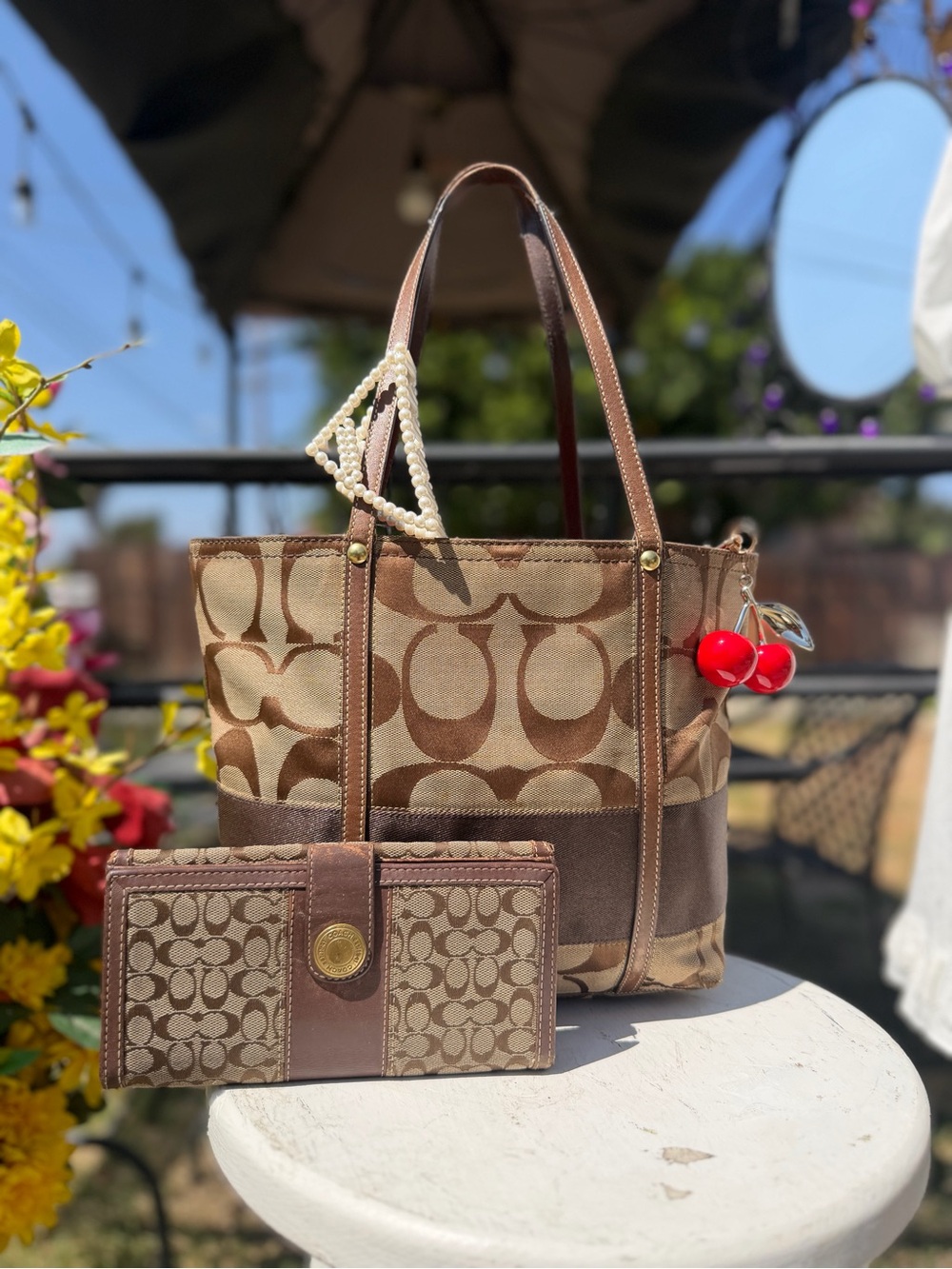 Coach Brown Signature Tote Bag with Matching Wallet